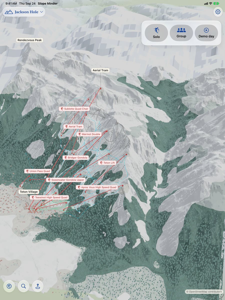 Jackson Hole on the drawn map on iPad, with its lifts labelled.
