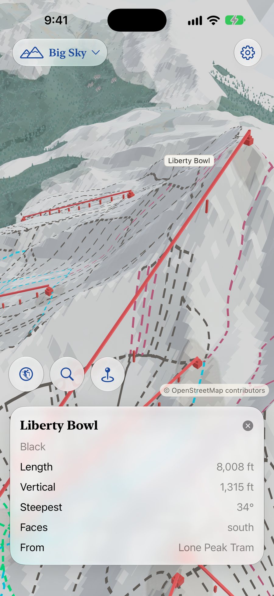 Liberty Bowl at Big Sky on the drawn map, with its length, vertical, steepest pitch and aspect.